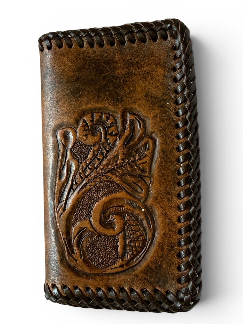 Vintage Hand Tooled Leather Business Card Holder Wallet Whipstitched Floral Brow